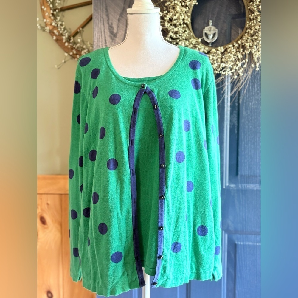 Quacker Factory Women L Sweater Green Blue Polka-Dot Cardigan With Attached Top